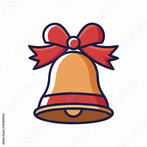 Gold Bell with Red Bow - Christmas Icon Illustration