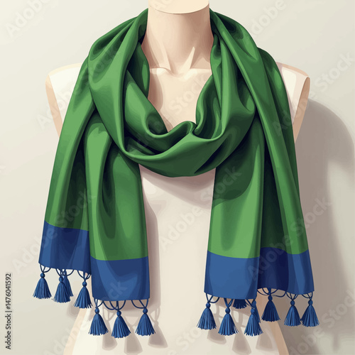 Green Silk Scarf with Blue Tassels on Mannequin in Soft Light