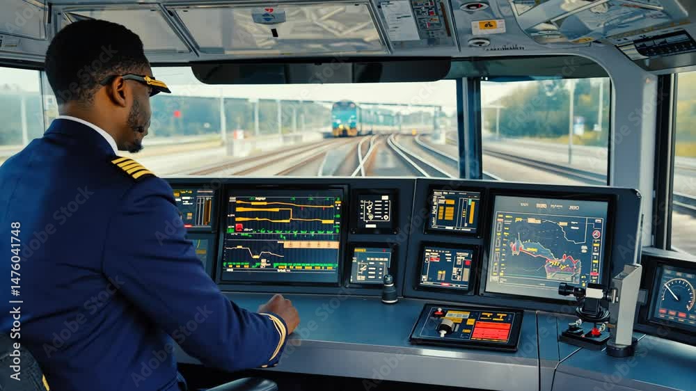 Train Conductor Notebook Example A train conductor man in uniform operates a modern locomotive from a ...