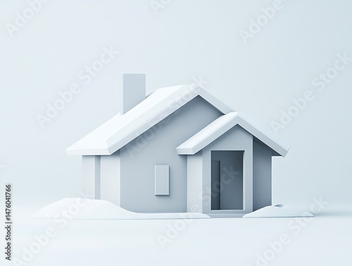 Modern geometric snow-covered house icon in soft gray with a simple chimney