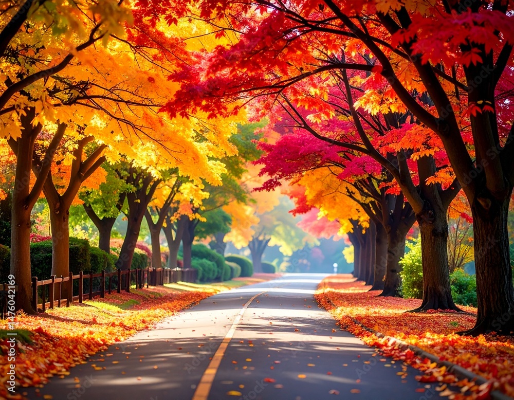 Naklejka premium Enjoy the season by taking a walk along a quiet road surrounded by colorful autumn leaves.