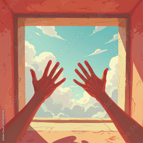 Hands reaching for blue sky, hope through window frame