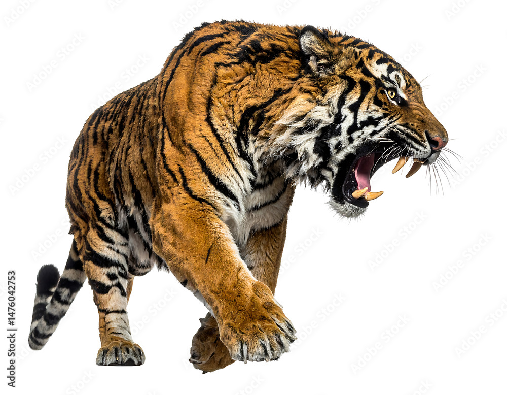 Fototapeta premium Powerful Roaring Tiger on Transparent Background