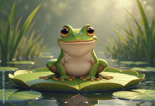 Happy green frog on lily pad, pond serenity