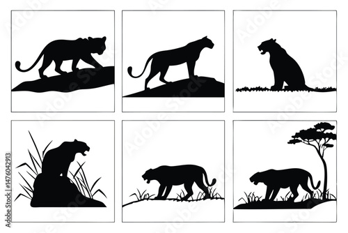 Black Panther Silhouettes Collection: Wild Animal Illustrations on Rocks, Grass, and Under Tree.