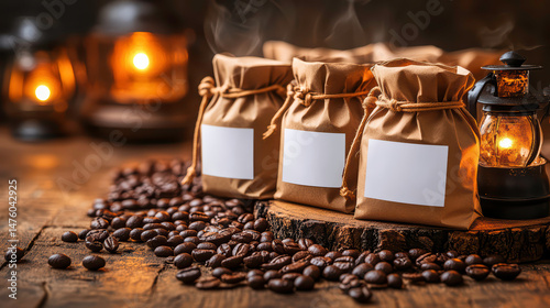 Artisanal Coffee Bags with Blank Labels on Rustic Wooden Table