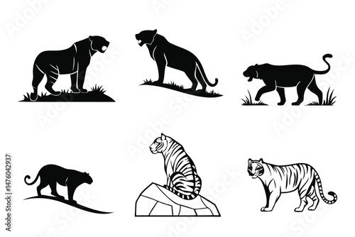 Collection of Tiger and Panther Silhouettes in Various Poses, Black and White Vector Illustration, Wildlife Icon Set.