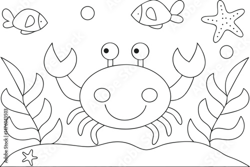 Cute Cartoon Sea Life Outlines: Crab, Fish, Starfish for Coloring Pages and Educational Materials.