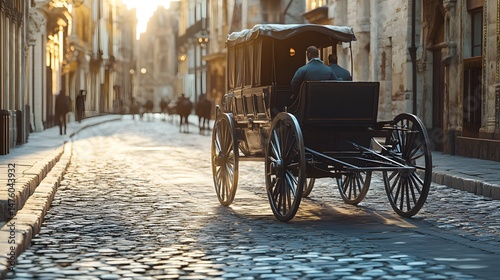 Vintage horse-drawn carriage on a cobblestone street at dawn.