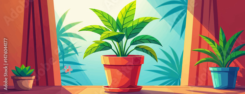 Indoor plants, serene window, cheerful sunlight.