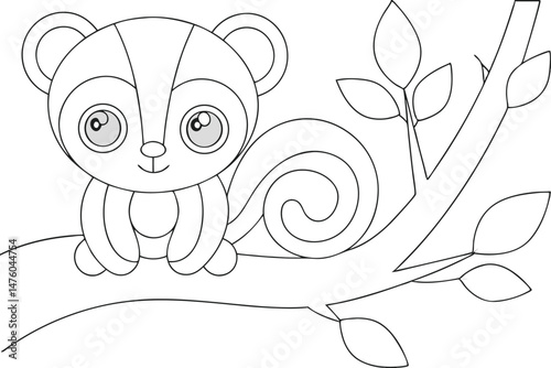 Cute Cartoon Squirrel on a Tree Branch Outline, Illustration for Coloring Pages, Kids Activities, and Designs.