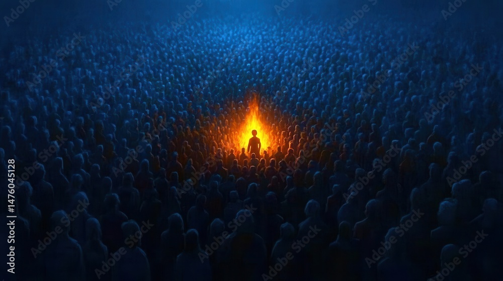 Obraz premium Solitary Figure Before a Vast Crowd Illuminated by Fire