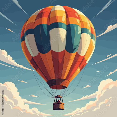 Joyful orange hot air balloon, blue sky adventure