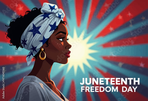 Juneteenth Freedom Day: Proud Woman with Star Headwrap, Red & Blue Rays