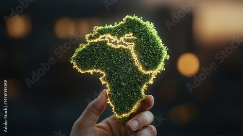 A person holds a glowing green map of Africa depicting environmental awareness and continental sustainability.