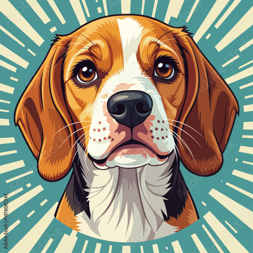 Loving beagle dog portrait, retro teal background, endearing gaze