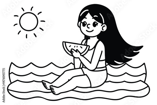 Cartoon Girl Enjoying Watermelon on Beach, Summer Vacation Black and White Vector Illustration.