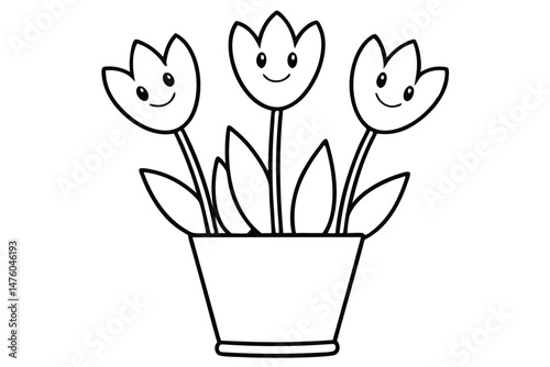 Smiling Cartoon Tulips in a Pot: Cute Floral Vector Illustration for Children's Coloring Books.