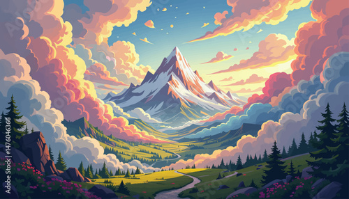 Majestic mountain peak, dreamy clouds, peaceful valley vista