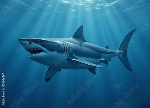 Majestic Shark Swimming in Deep Blue Ocean with Sunlight