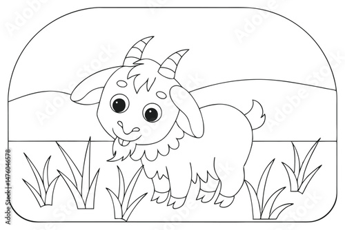 Cute Cartoon Goat on Pasture Illustration, Black and White Outline for Kids Coloring Page.