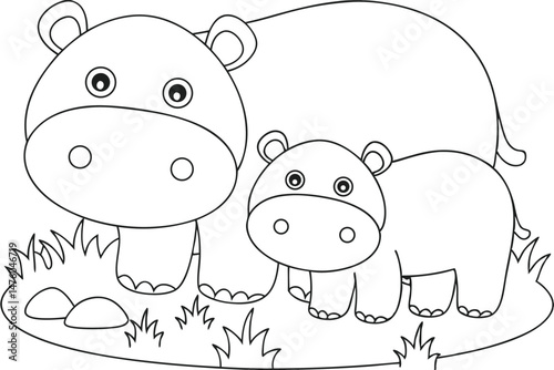Cute Cartoon Hippopotamus Family Outline Illustration for Coloring Books and Children's Printables.