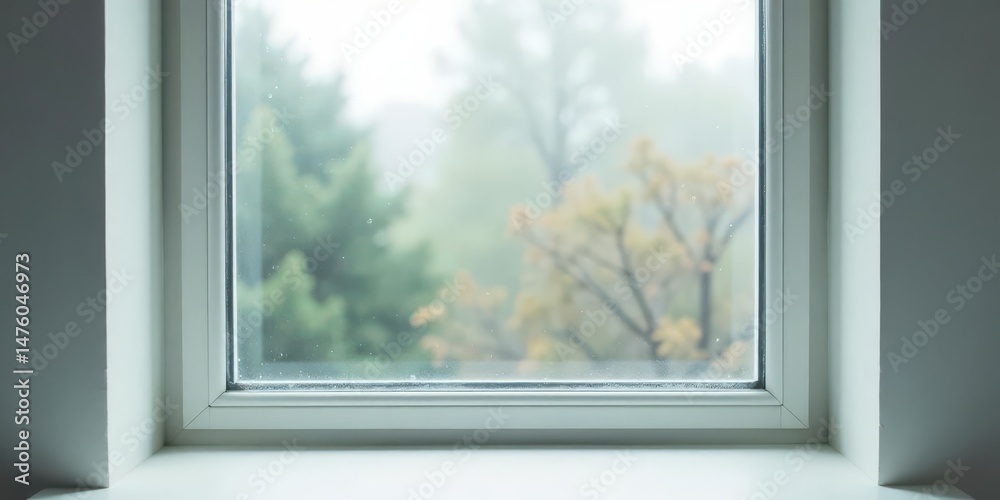 Obraz premium A softly blurred view through a window pane, showcasing an out-of-focus verdant landscape bathed in a muted light