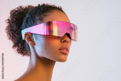 Stylish person wearing futuristic glasses in vibrant lighting.