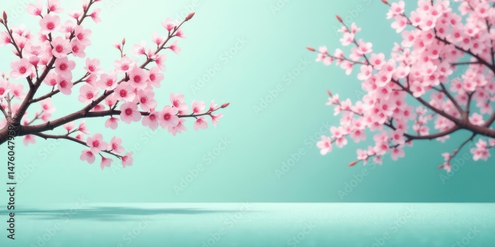 Fototapeta premium Pastel Pink Blossoms Frame a Serene Aqua Background Ideal for Springtime Designs and Projects