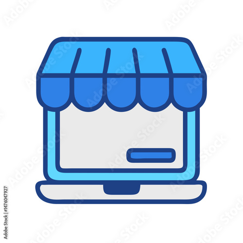 Online store icon laptop screen with blue awning