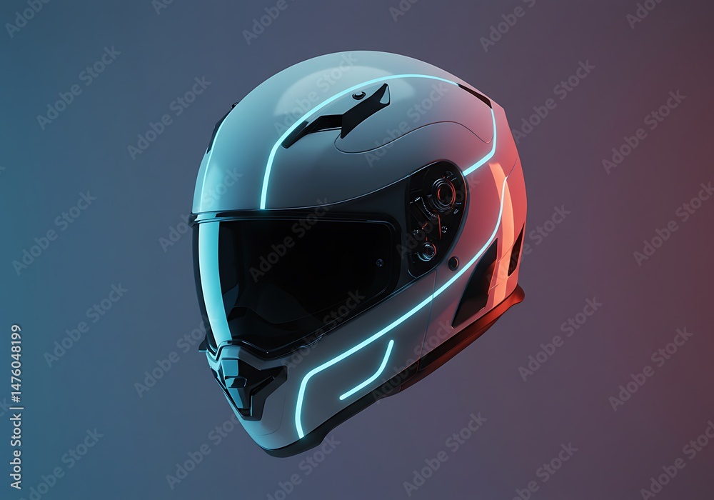 Fototapeta premium Futuristic motorcycle helmet with glowing blue accents against a gradient background