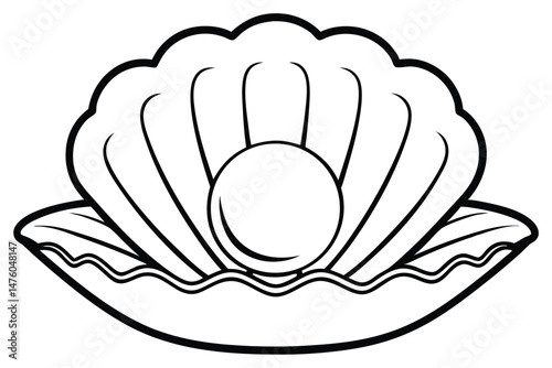 Line art illustration of a shell with a pearl, black and white minimal design, vintage look.