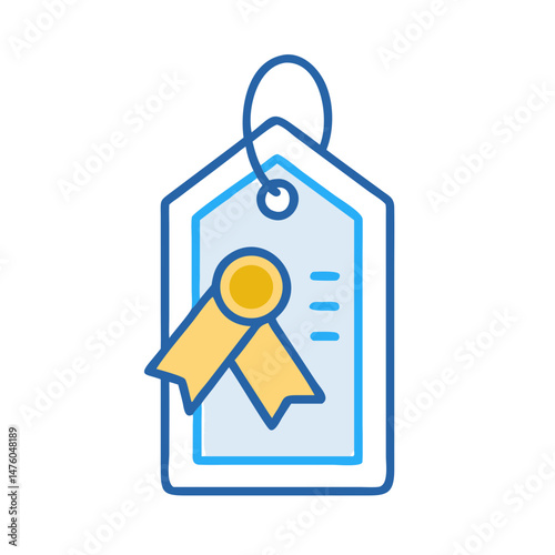 Blue tag with golden award ribbon vector illustration icon