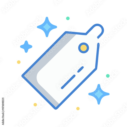 Brightly colored price tag with sparkling star accents