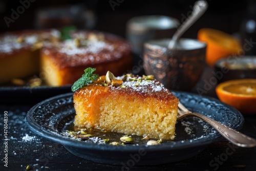 Coconut semolina Basbousa pie with orange and cardamom focused detail photo