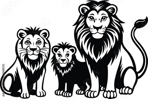 Cartoon Lion Family Portrait in Black and White Silhouette, Graphic Illustration for Children's Books and Designs.