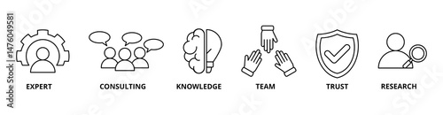  Expertise icon set with expert, consulting, knowledge, team, trust, and research