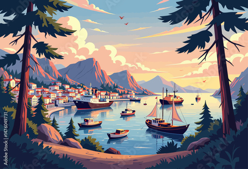 Peaceful harbor town, boats, sunset glow, mountain backdrop