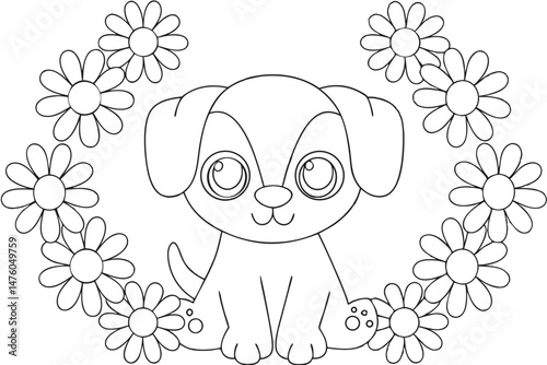 Cute Puppy Surrounded by Flowers: Line Art Illustration for Coloring Books, Children's Activities, and Vector Graphics Projects.