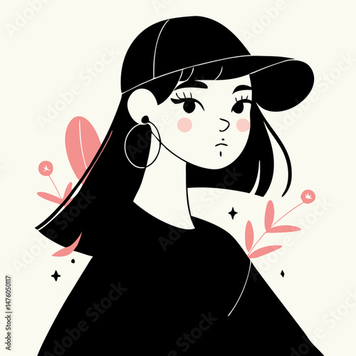 Stylish Young Woman in Baseball Cap, Minimalist Illustration