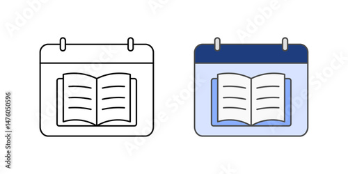 Study schedule icon – open book placed within a calendar, representing academic planning, learning organization, and study time management.