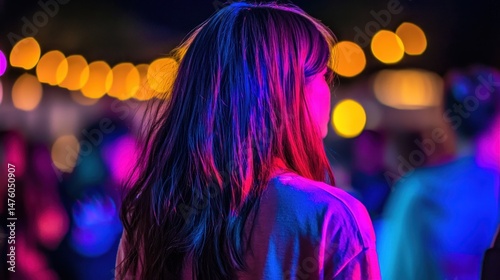 A vibrant nighttime scene featuring a person's back and hair.