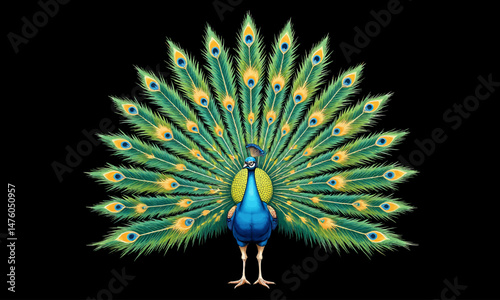 Proud Peacock Displaying Vibrant Feathers on Black