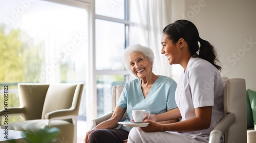 A young woman and an elderly woman sitting on a couch in a well-lit living room, engaged in a conversation.