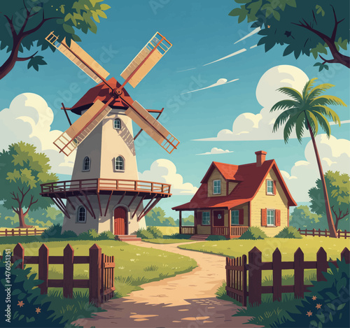 Quaint windmill house, sunny sky, peaceful countryside charm