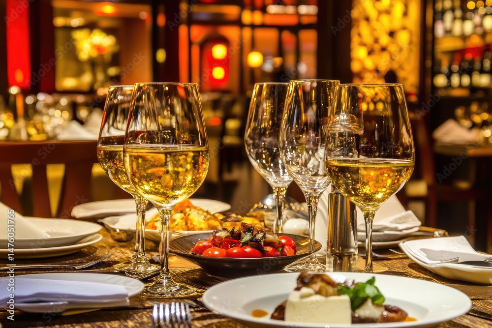 Fine dining experience. Elegant restaurant scene with wine glasses, food platters, and cutlery Fine dining experience. Elegant restaurant scene with wine glasses, food platters, and cutlery