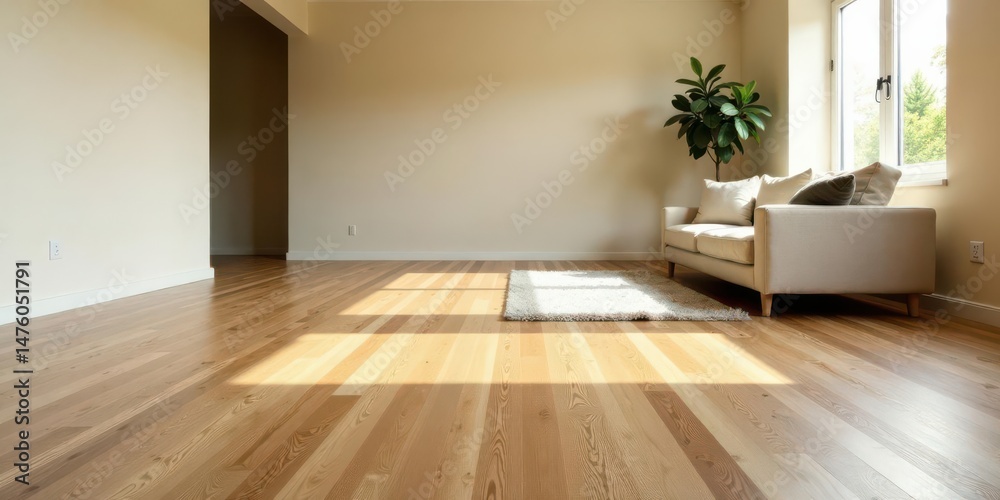 Fototapeta premium Sunlight streams through a window illuminating a minimalist living space with hardwood floors and a light beige sofa