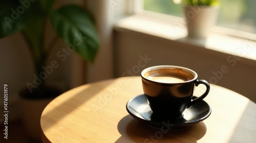 Wallpaper Mural Aromatic Coffee in Sunlight on Wooden Table near Green Plant Torontodigital.ca