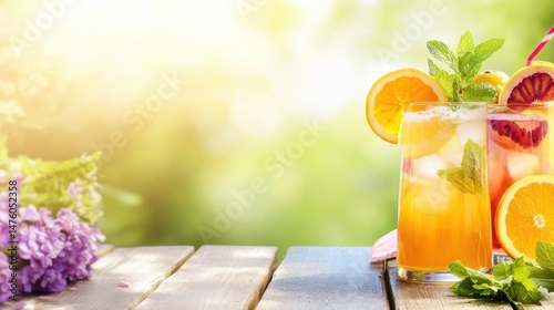 Obraz na płótnie Refreshing Elixir: A vibrant assortment of refreshing drinks, garnished with citrus slices and mint sprigs, sits invitingly on a rustic wooden table, with a dreamy sun-drenched background. w salonie