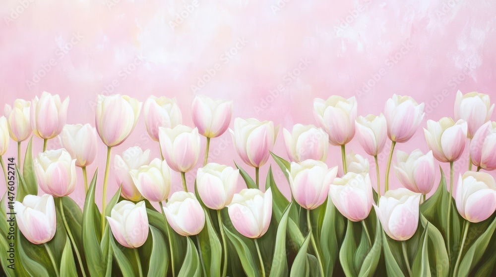 Gentle Tulips in a Soft Pink Haze: A delicate arrangement of soft pink tulips stands out in a peaceful and pretty atmosphere. With the background slightly blurred.